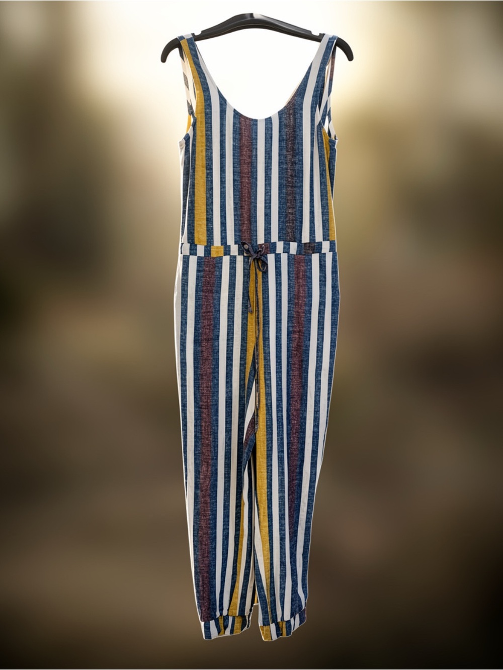 NWT | Anthropologie Linen Mustard Teal White Stripe Sleeveless Drew Jumpsuit